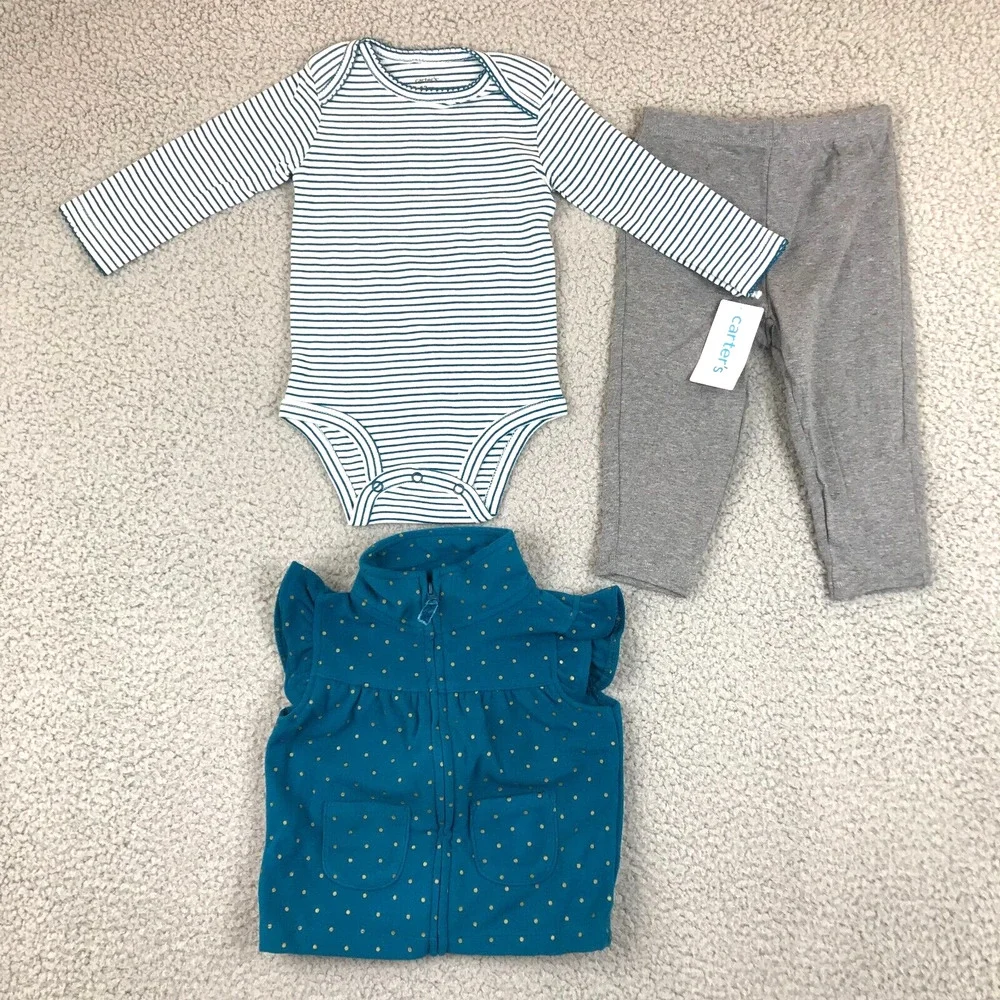 Carters Baby Girls' 3-Pc. Bodysuit Leggings Top Teal Stripes & Dots Set 12M NWT